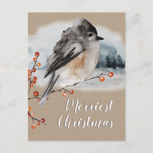 Winter Sparrow Ilex Berries Zweig Waldlandschaft Postkarte