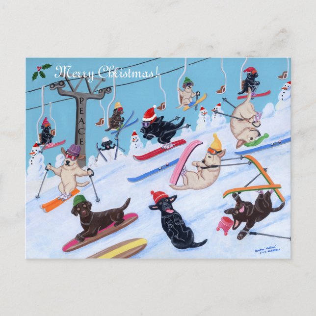 Winter Spaß Weihnachten Skifahren Labradors Malere (Vorderseite)