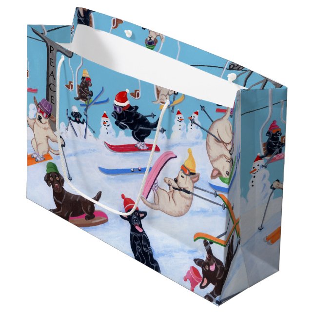 Winter Spaß Weihnachten Skifahren Labradors Malere Große Geschenktüte (Vorderseite Schrägansicht)