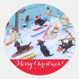 Winter Spaß Weihnachten Skifahren Labradors Malere Runder Aufkleber