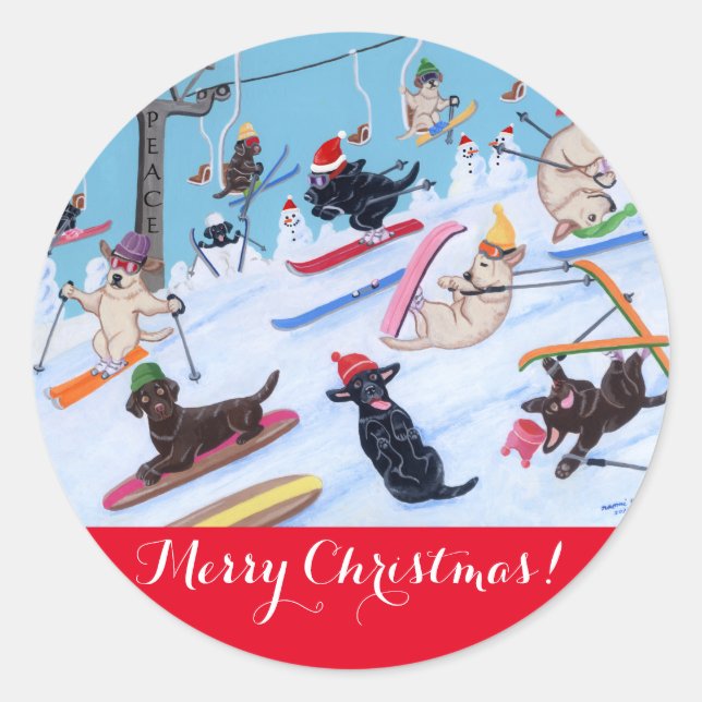 Winter Spaß Weihnachten Skifahren Labradors Malere Runder Aufkleber (Vorderseite)