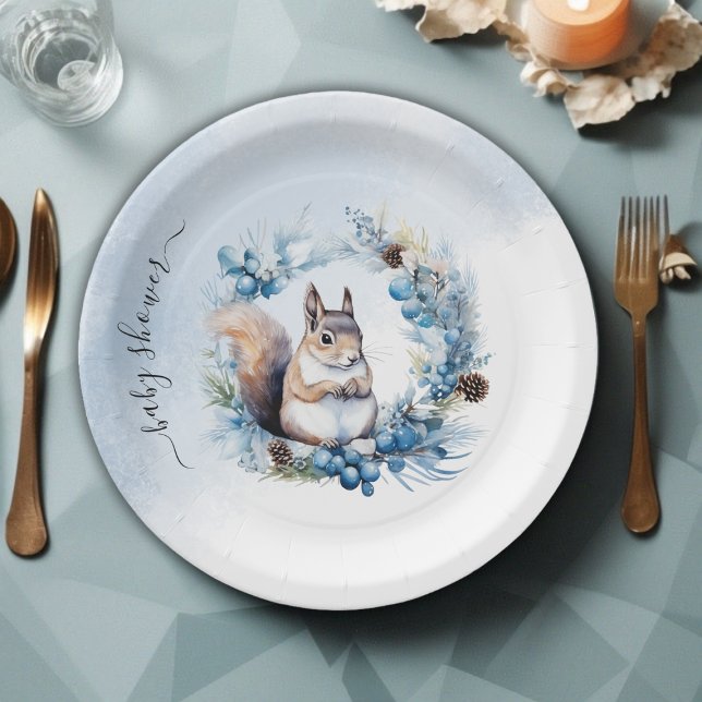 Winter Squirrel Watercolor Kinderdusche Pappteller (Winter Squirrel Watercolor Baby Shower Paper Plates)
