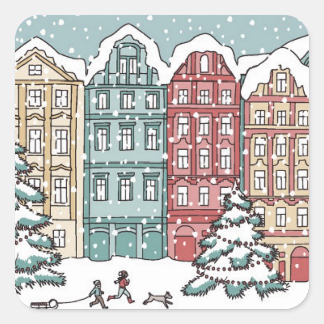 Winter-Stadtszene Quadratischer Aufkleber (Vorderseite)