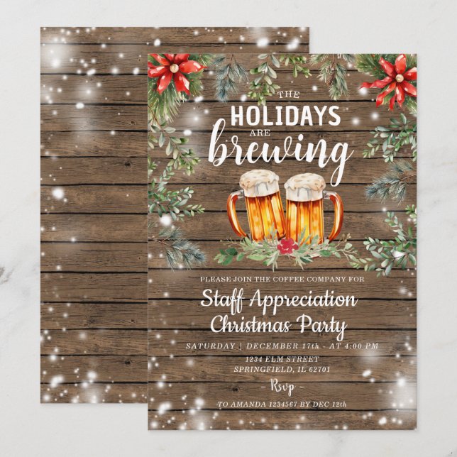 Winter Staff Party Holidays Brauen Einladung (Vorne/Hinten)
