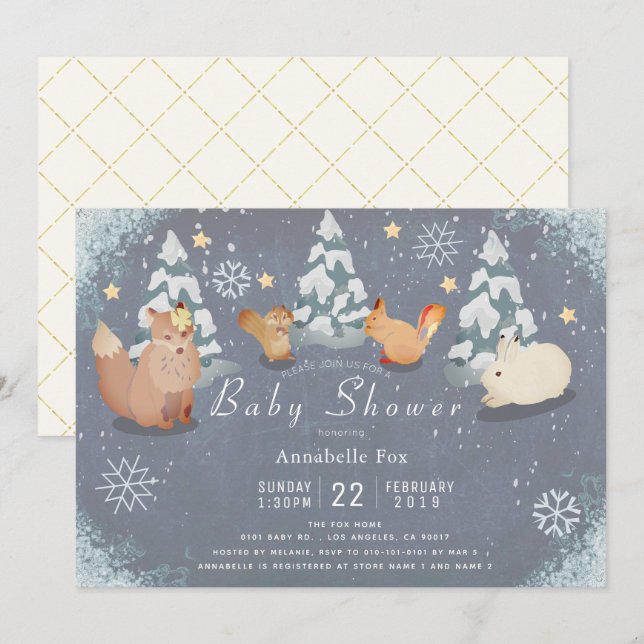 Winter Starry Night Woodland Animals Baby Dusche Einladung (Vorne/Hinten)