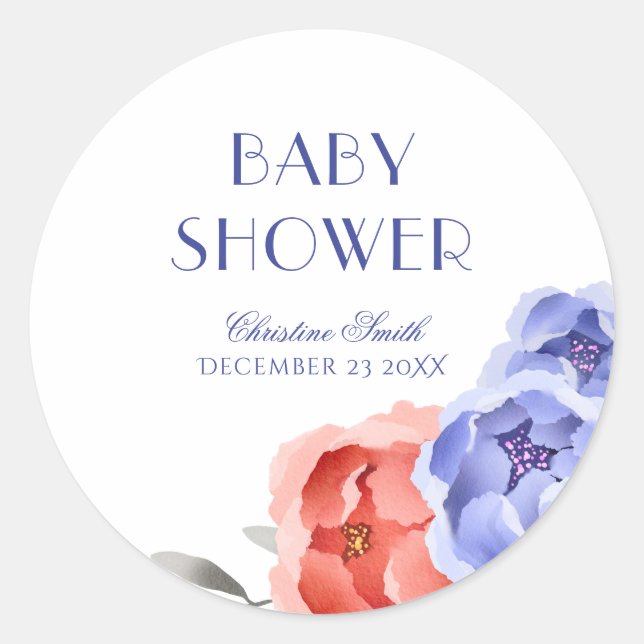 Winter Stork Floral Watercolor Babydusche Runder Aufkleber (Vorderseite)