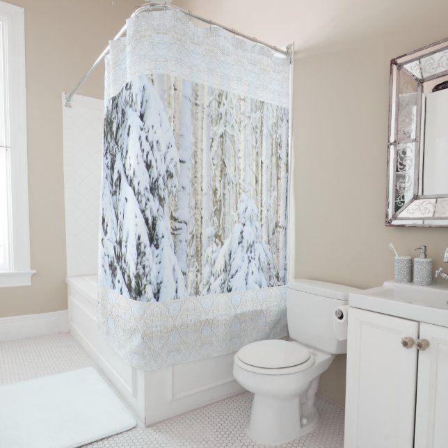 Winter Sun auf weiße Fichte-Pappel-Wald Duschvorhang (Beispiel)