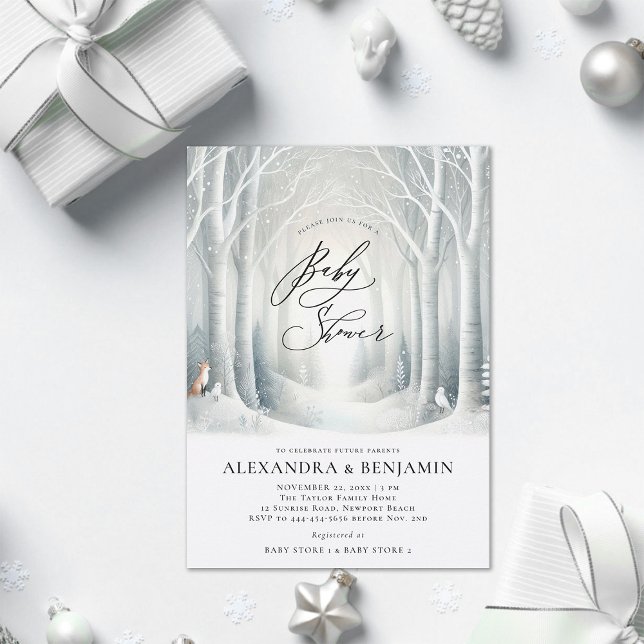 Winter Sunrise Forest Coed Neutral Baby Dusche Einladung (winter baby shower invitation neutral white wonderland enchanted forest woodland fox bird cute coed )