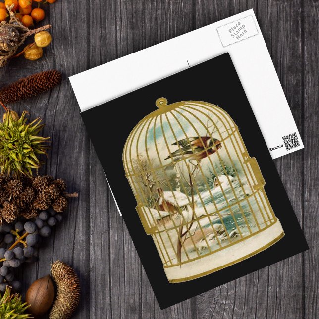 Winter Szene Birdcage Postkarte (Bird in Winter snow scene by cabin inside a golden bird cage on a black postcard.)