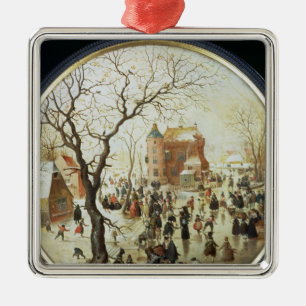 Winter-Szene mit Skatern nahe einem Schloss Silbernes Ornament