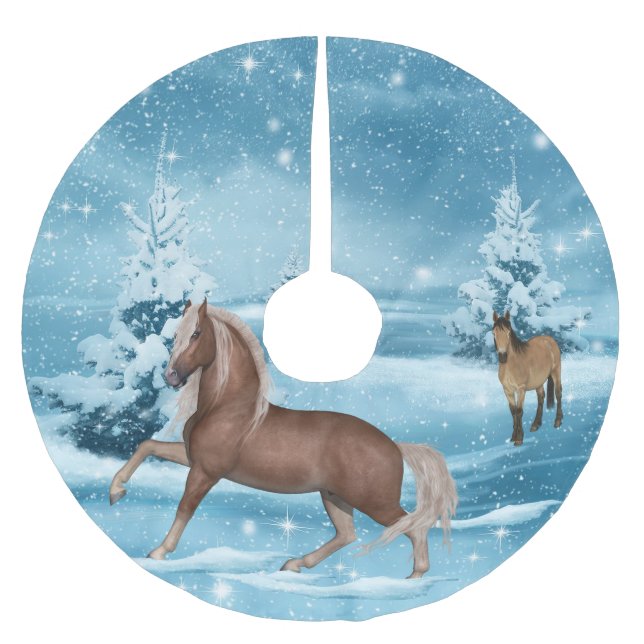 Winter-Szenen-Pferdeschnee und Bäume 3 Polyester Weihnachtsbaumdecke (Vorderseite)
