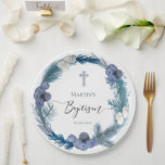 Winter Taufe blauer Kranz Papier Teller<br><div class="desc">Teller von Wintertaufpapier</div>