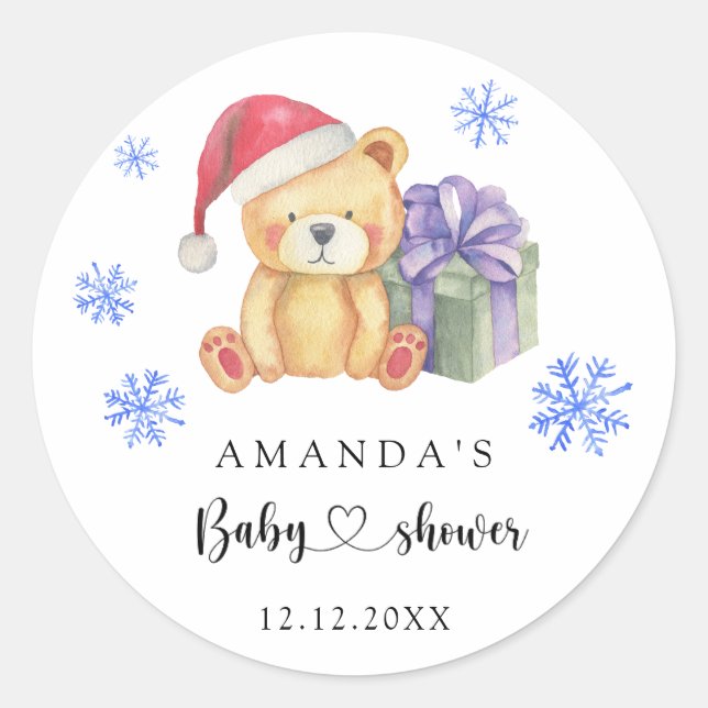 Winter Teddy Bär Babydusche Runder Aufkleber (Vorderseite)