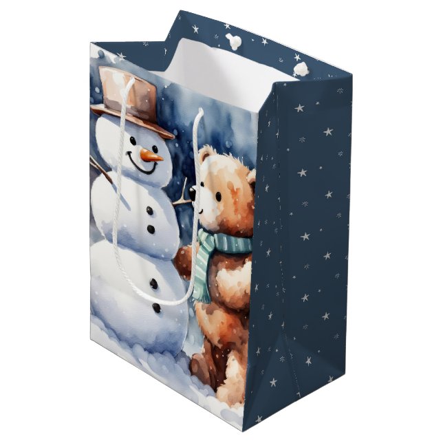 Winter Teddy Bär und Snowman Mittlere Geschenktüte (Vorderseite Schrägansicht)
