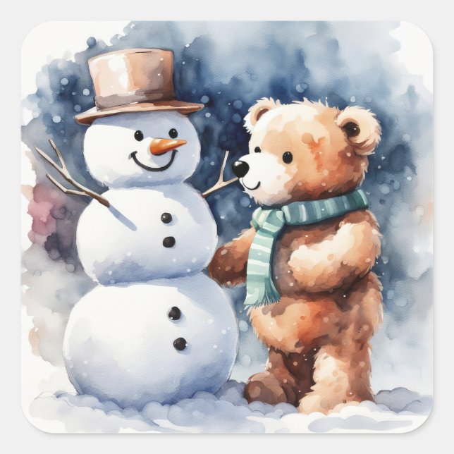Winter Teddy Bär und Snowman Quadratischer Aufkleber (Vorderseite)