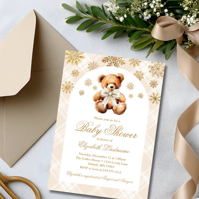Winter Teddy Bear Holiday Baby Shower Einladung (Classic Teddy Bear Ivory Plaid Preppy Baby Shower Invitation)