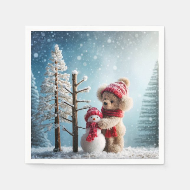 Winter Teddy Bear und Snowman Serviette (Vorderseite)