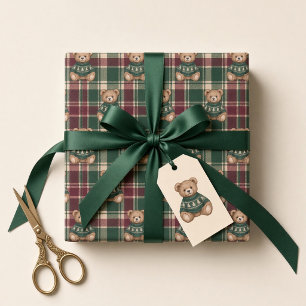 Winter-Teddybär-Ski-Lodge-Burgunder-Schleife  Geschenkpapier