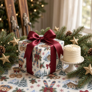 Winter-Teddybär-Ski-Lodge-Burgunder-Schleife  Geschenkpapier