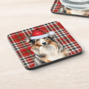 Winter Theme Australian Shepherd Dog Red Kariert Getränkeuntersetzer