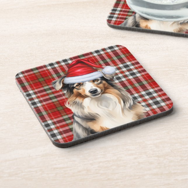 Winter Theme Australian Shepherd Dog Red Kariert Getränkeuntersetzer (Linke Seite)