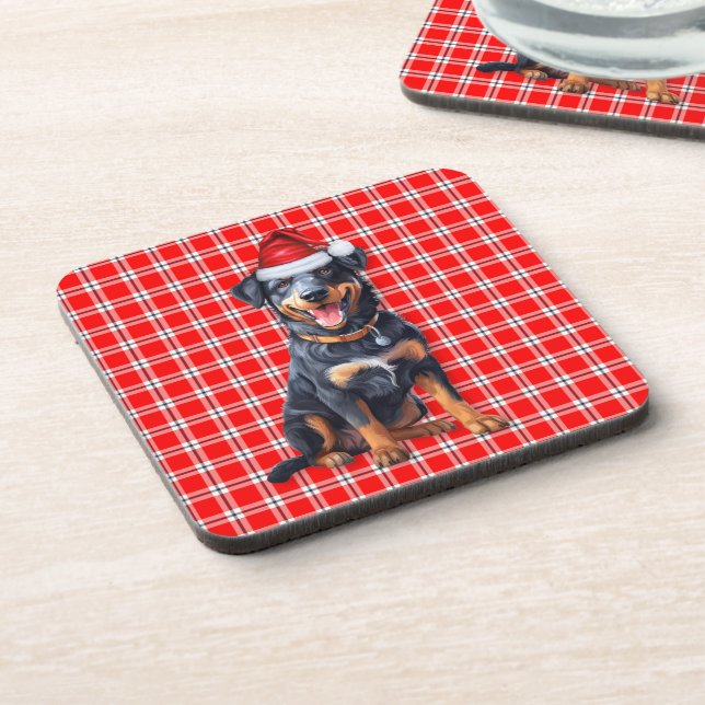 Winter Themed Beauceron Roter Karierter Urlaub Getränkeuntersetzer (Linke Seite)