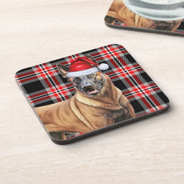 Winter Themed Belgische Malinois Roter Karierter U Getränkeuntersetzer (Linke Seite)