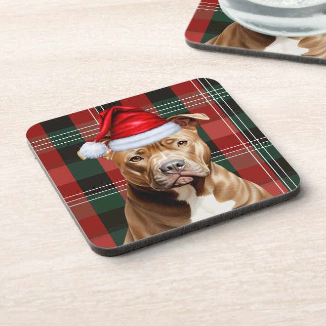 Winter Themed Brown Pitbull Dog Red Holiday Karier Getränkeuntersetzer (Linke Seite)