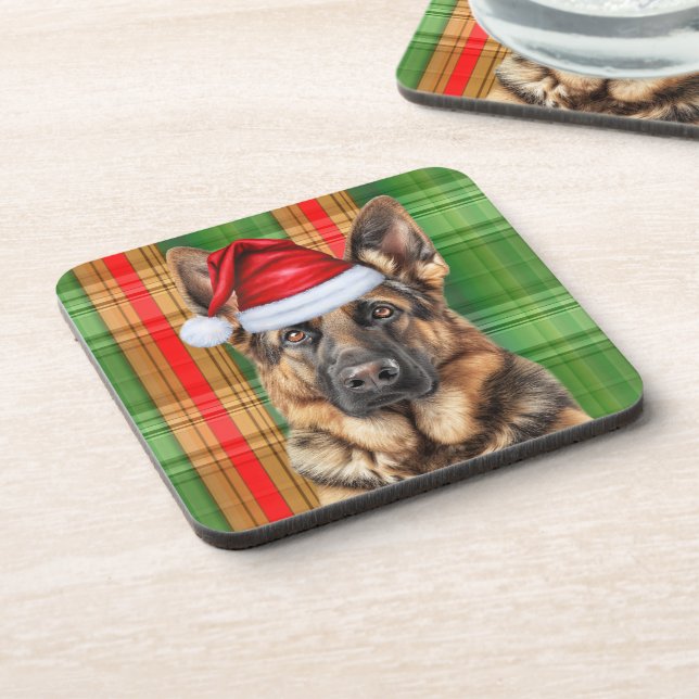 Winter Themed German Shepherd Dog Holiday Plaid Getränkeuntersetzer (Linke Seite)