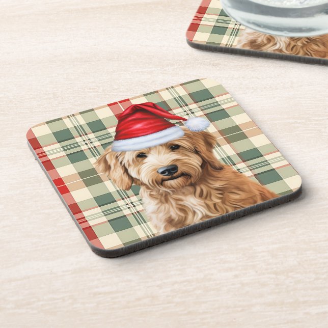 Winter Themed Goldendoodle Dog Urlaub Kariert Getränkeuntersetzer (Linke Seite)