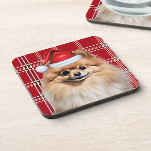 Winter Themed Pomeranian Dog Holiday Plaid Getränkeuntersetzer (Linke Seite)