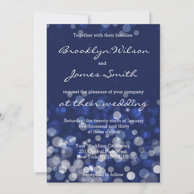 Winter Themed Weditations Einladungen Blue Bokeh (Vorderseite)