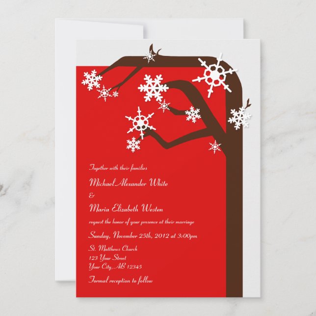 Winter Tree Snowflake Rote Hochzeit Einladungen (Vorderseite)