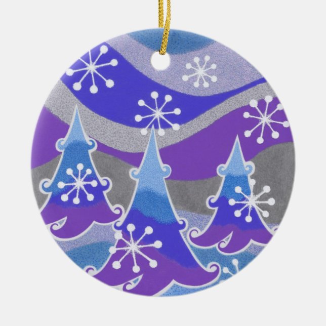 Winter Trees Blauer Text rund Keramikornament (Vorne)