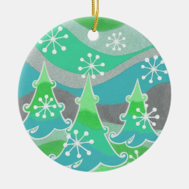 Winter Trees Green Text Ornament rund (Vorne)