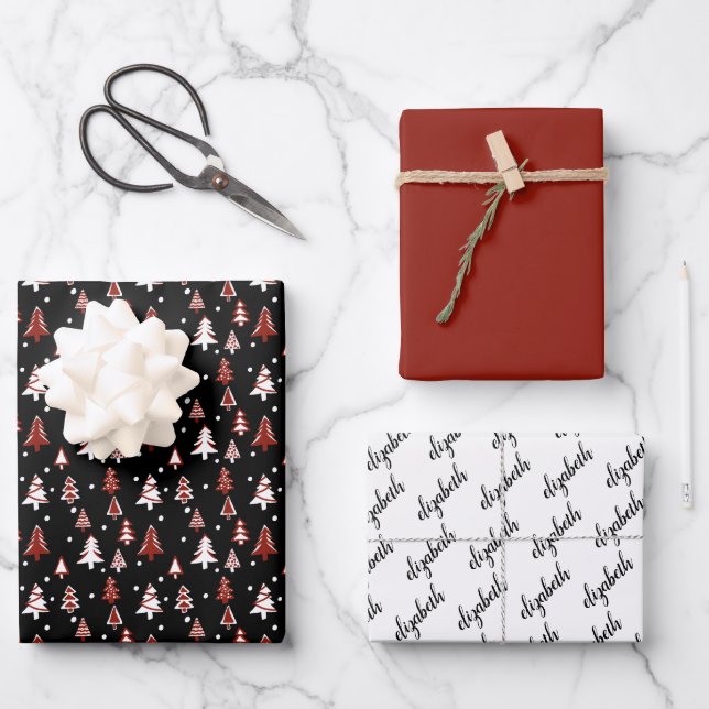 Winter Trees Roter Schwarz-weißer Schneename Geschenkpapier Set (Vorderseite)