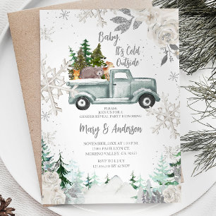 Winter Truck Animal White Floral Gender Reveal Einladung