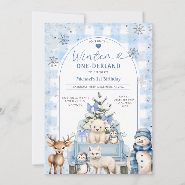 Winter Truck Onederland Boy 1st Birthday Animals Einladung (Vorderseite)