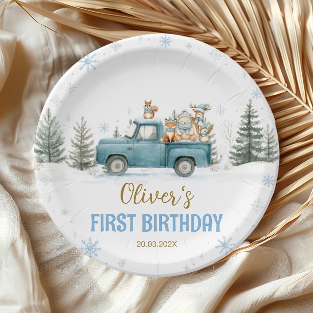 Winter Truck Onederland Forest Birthday Pappteller (Von Creator hochgeladen)