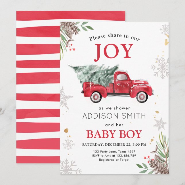 Winter Truck Share Joy Baby Dusche Kälte Außenbere Einladung (Vorne/Hinten)