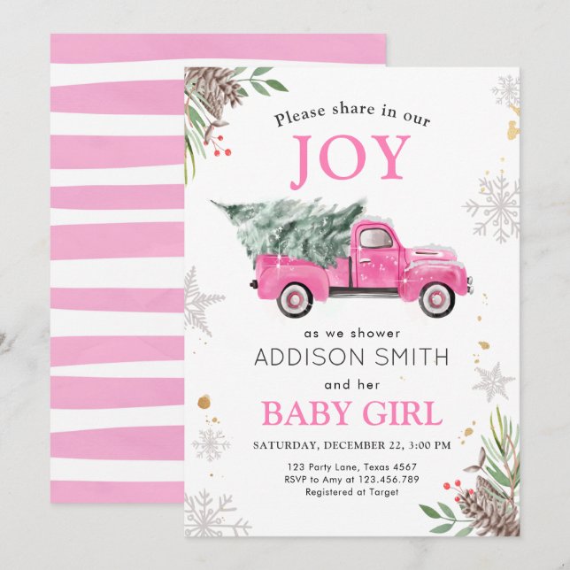 Winter Truck Share Joy Baby Dusche Kälte Außenbere Einladung (Vorne/Hinten)