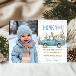 Winter Truck Woodland Animals Birthday Photo Dankeskarte