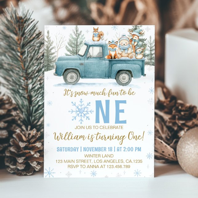 Winter Truck Woodland Onederland 1st Birthday Einladung (Von Creator hochgeladen)