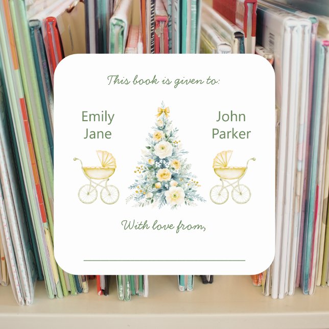 Winter twins neutral gender Baby Shower Bookplates Quadratischer Aufkleber (Von Creator hochgeladen)