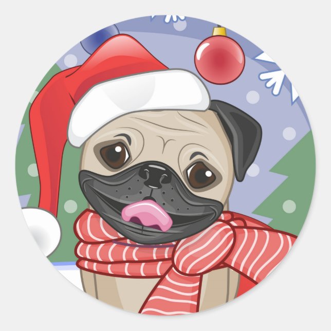 Winter- und Weihnachtszeit Mops Runder Aufkleber (Vorderseite)