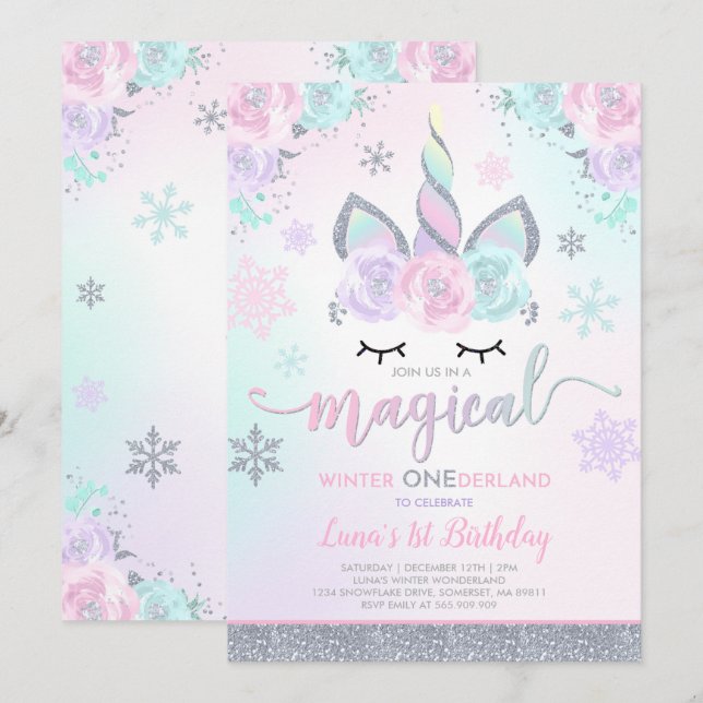 Winter Unicorn Einladung Winter ONEderland Party (Vorne/Hinten)