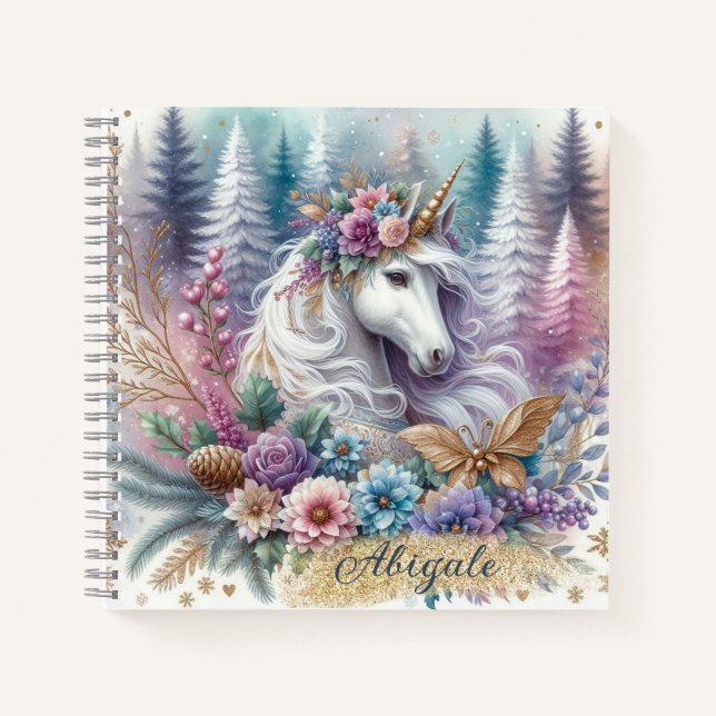 Winter Unicorn Magical Scene 3 - Personalisieren Notizbuch (Vorderseite)