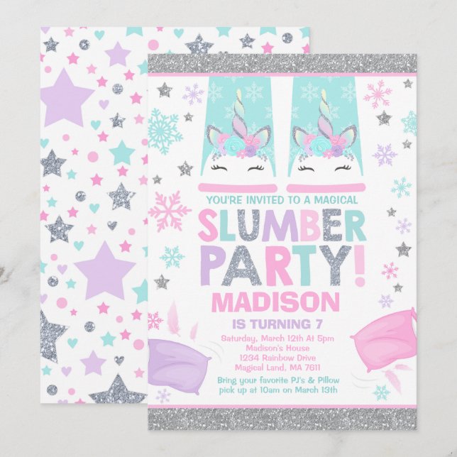 Winter Unicorn Slumber Party Einladung (Vorne/Hinten)