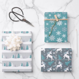 Winter Unicorns, Bäume und Schneeflocken Geschenkpapier Set