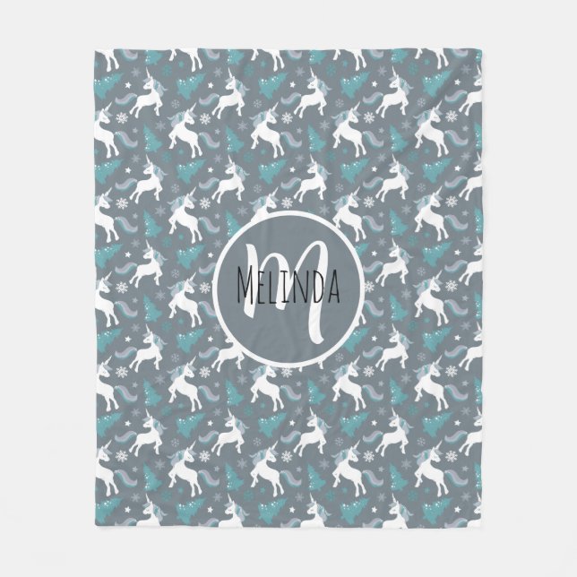 Winter Unicorns Dunkles graues Muster Fleecedecke (Vorderseite)